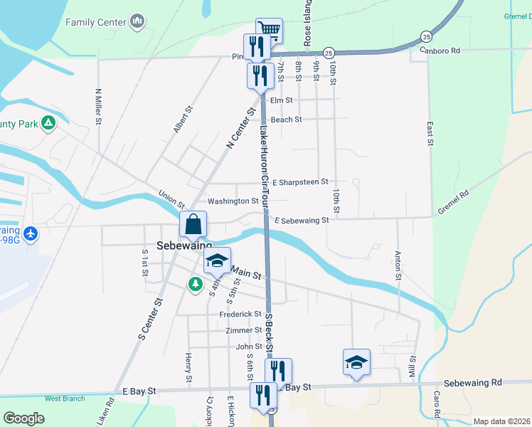 map of restaurants, bars, coffee shops, grocery stores, and more near 500 East Sebewaing Street in Sebewaing