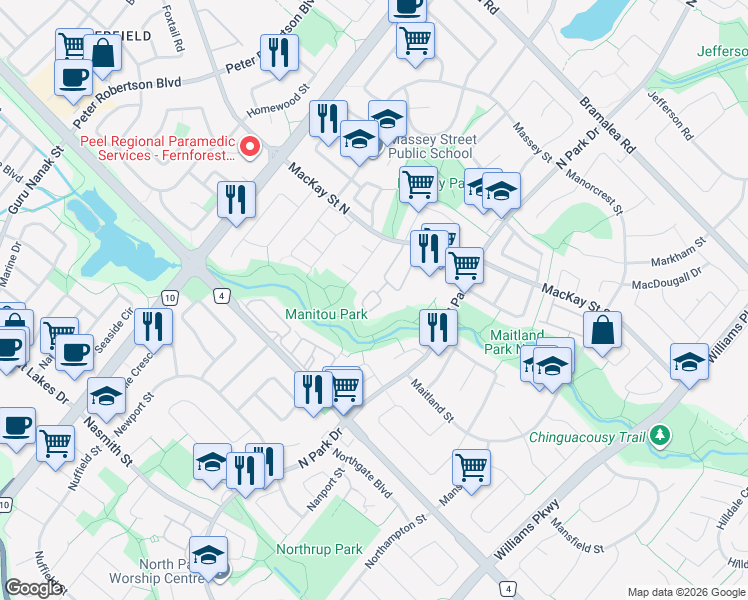 map of restaurants, bars, coffee shops, grocery stores, and more near 72 Ashton Crescent in Brampton