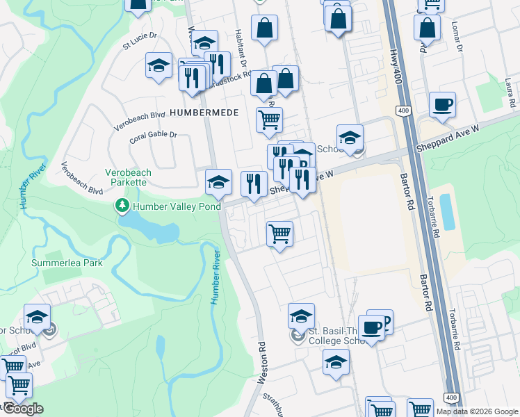 map of restaurants, bars, coffee shops, grocery stores, and more near 2355 Sheppard Avenue West in Toronto