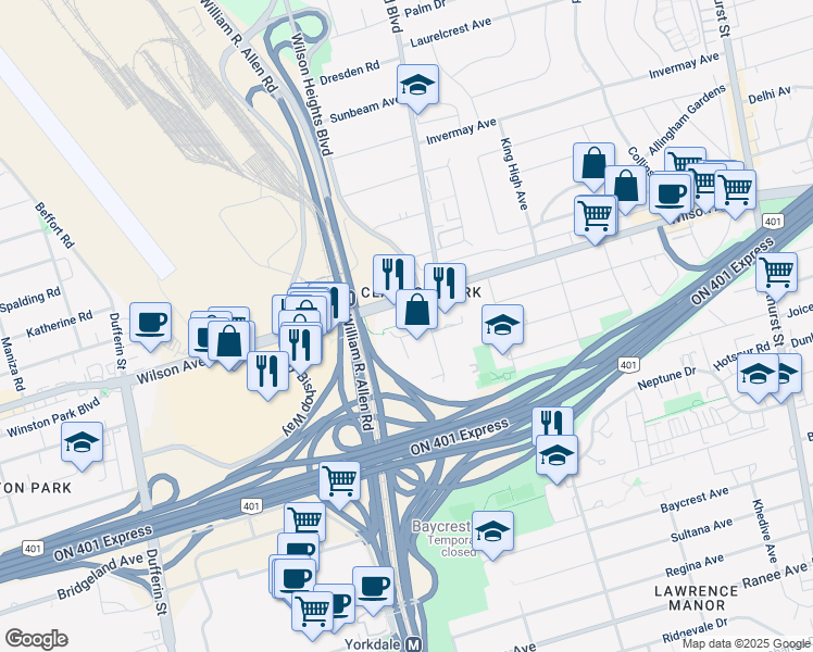map of restaurants, bars, coffee shops, grocery stores, and more near 20 Monte Kwinter Court in Toronto