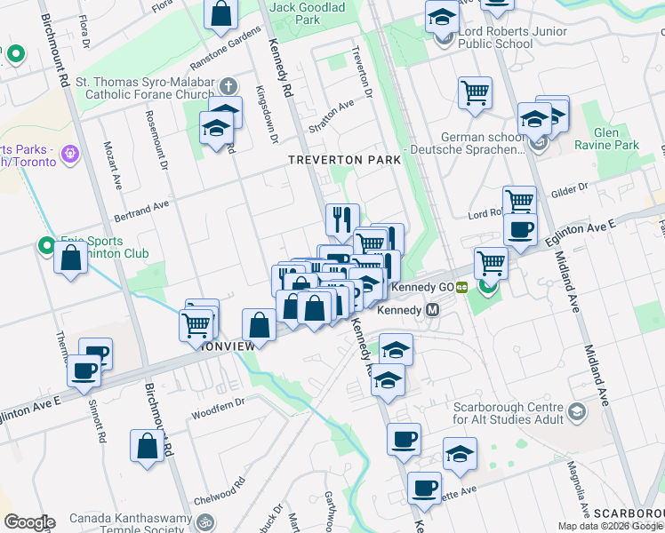 map of restaurants, bars, coffee shops, grocery stores, and more near 806 Kennedy Road in Toronto