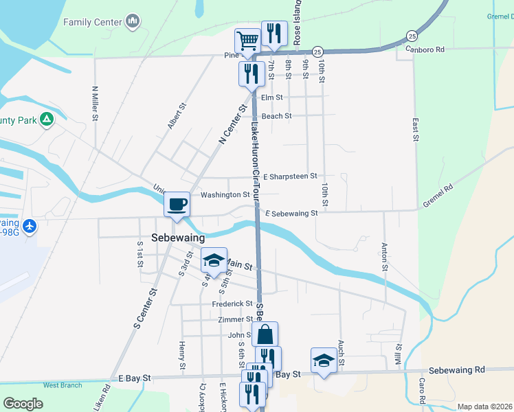 map of restaurants, bars, coffee shops, grocery stores, and more near 209 North Beck Street in Sebewaing