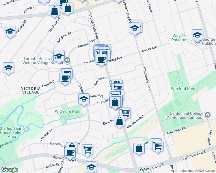 map of restaurants, bars, coffee shops, grocery stores, and more near 1698 Victoria Park Avenue in Toronto