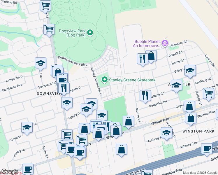 map of restaurants, bars, coffee shops, grocery stores, and more near in Toronto