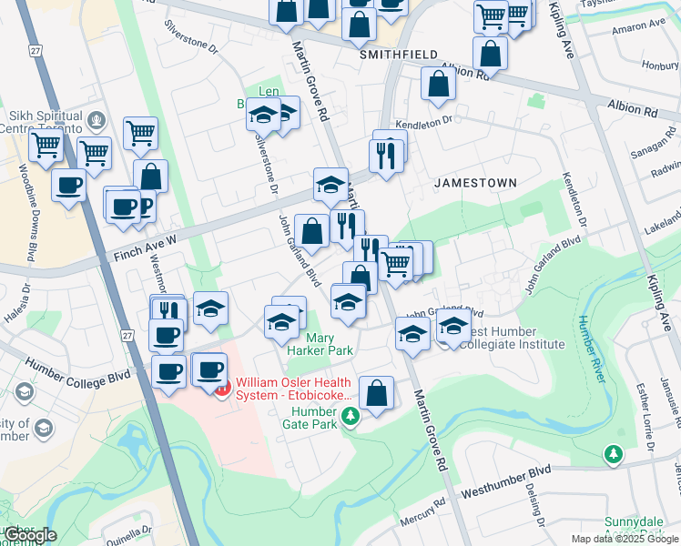 map of restaurants, bars, coffee shops, grocery stores, and more near in Toronto