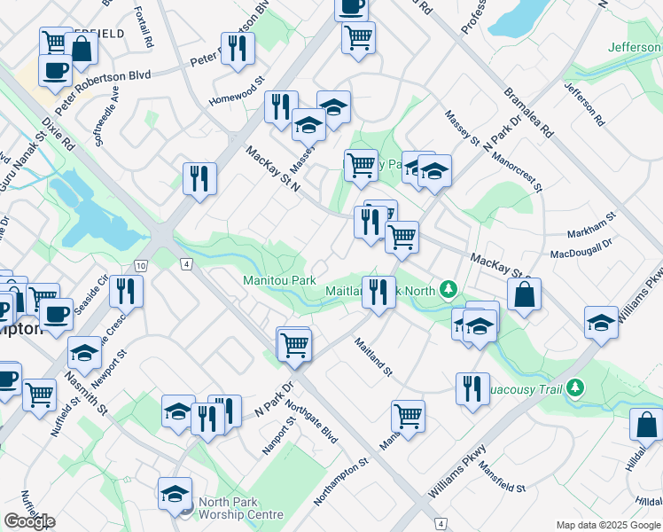map of restaurants, bars, coffee shops, grocery stores, and more near in Brampton