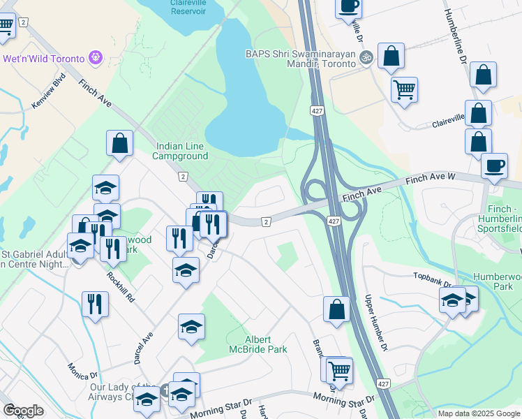 map of restaurants, bars, coffee shops, grocery stores, and more near 3960 Longo Circle in Mississauga