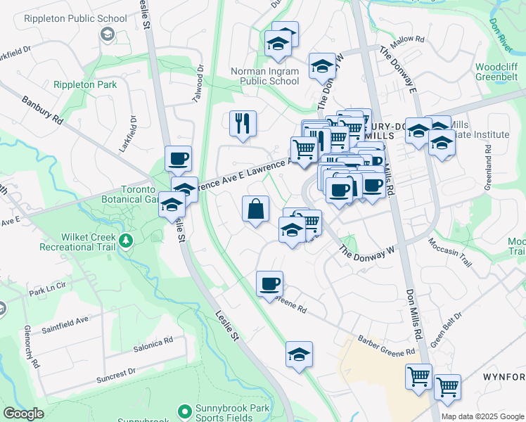 map of restaurants, bars, coffee shops, grocery stores, and more near 21 Paperbirch Drive in Toronto