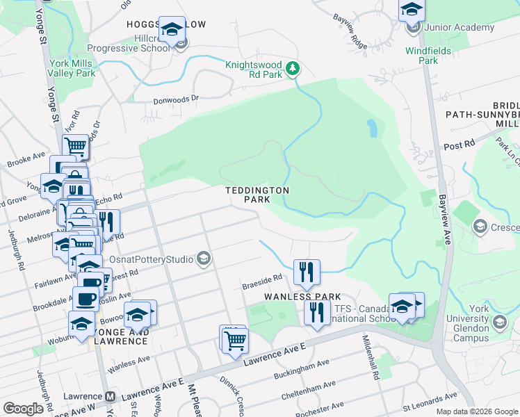 map of restaurants, bars, coffee shops, grocery stores, and more near 95 Riverview Drive in Toronto
