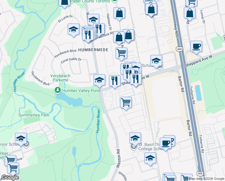 map of restaurants, bars, coffee shops, grocery stores, and more near 2355 Sheppard Avenue West in Toronto