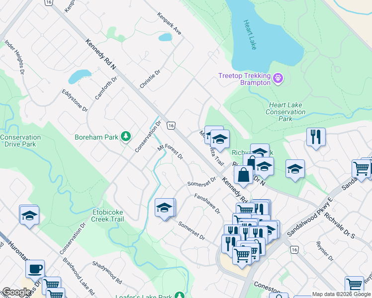 map of restaurants, bars, coffee shops, grocery stores, and more near 8 Windham Place in Brampton