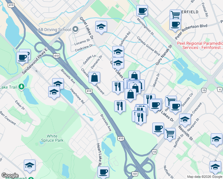 map of restaurants, bars, coffee shops, grocery stores, and more near 22 Checkerberry Crescent in Brampton