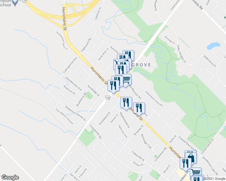 map of restaurants, bars, coffee shops, grocery stores, and more near in Brampton