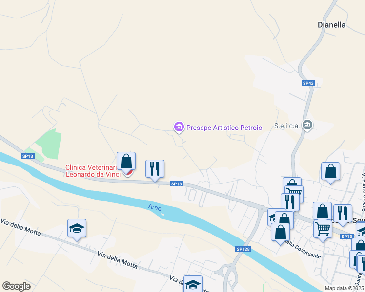 map of restaurants, bars, coffee shops, grocery stores, and more near 3 Via di Petroio in Città Metropolitana di Firenze