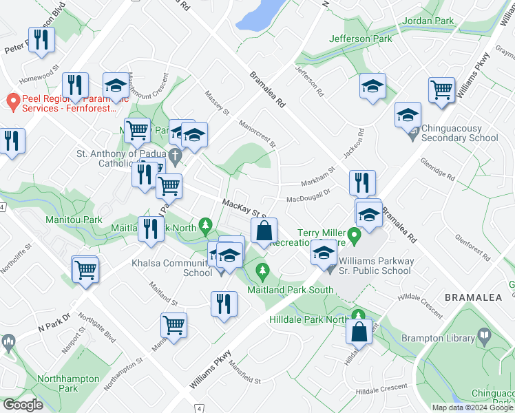 map of restaurants, bars, coffee shops, grocery stores, and more near 22 Borden Hill Court in Brampton