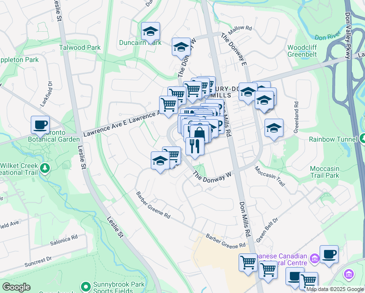 map of restaurants, bars, coffee shops, grocery stores, and more near 99 The Donway West in Toronto