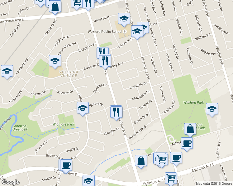 map of restaurants, bars, coffee shops, grocery stores, and more near in Toronto