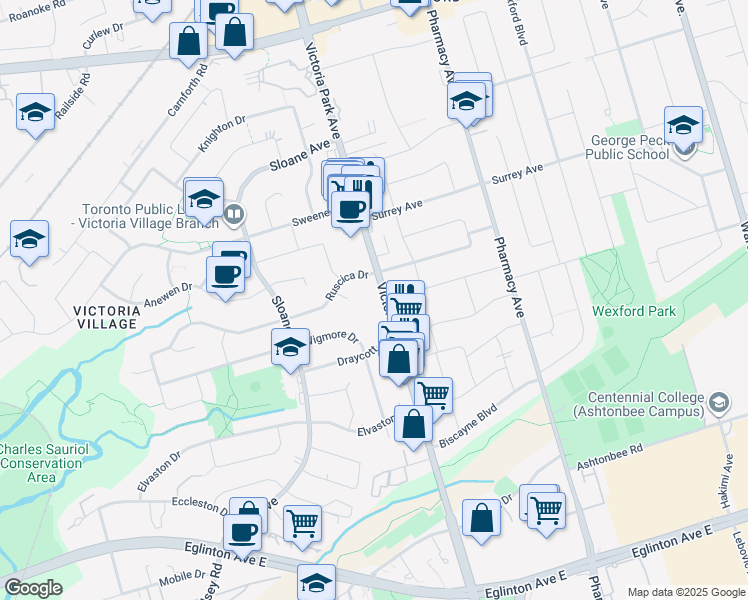 map of restaurants, bars, coffee shops, grocery stores, and more near in Toronto