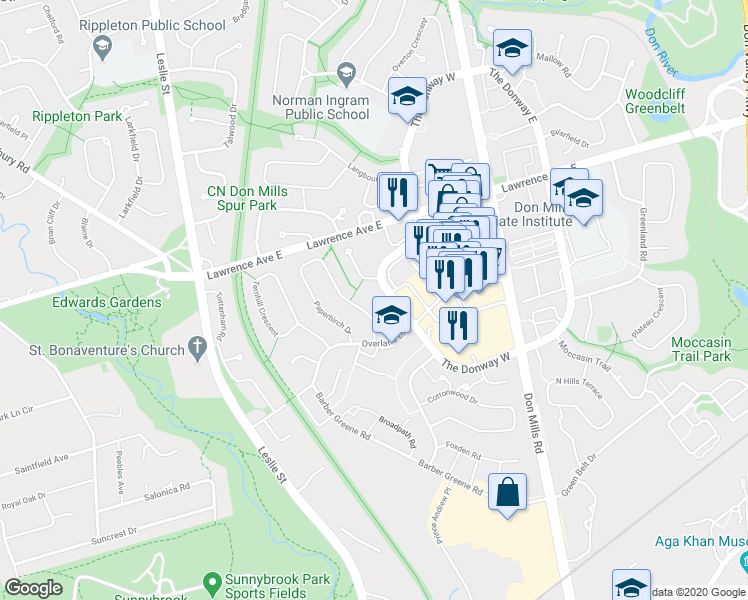 map of restaurants, bars, coffee shops, grocery stores, and more near in Toronto