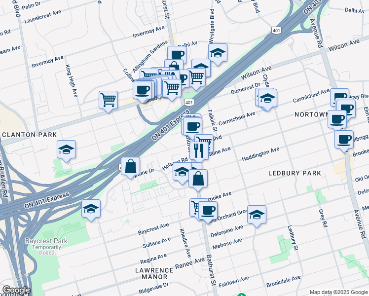 map of restaurants, bars, coffee shops, grocery stores, and more near in Toronto