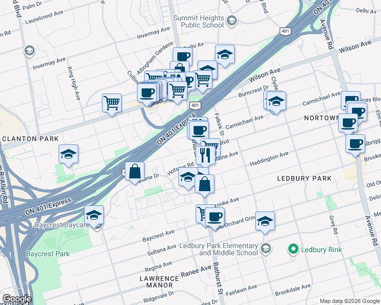 map of restaurants, bars, coffee shops, grocery stores, and more near 1 Marquette Avenue in Toronto