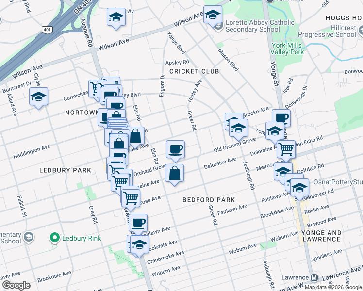 map of restaurants, bars, coffee shops, grocery stores, and more near in Toronto