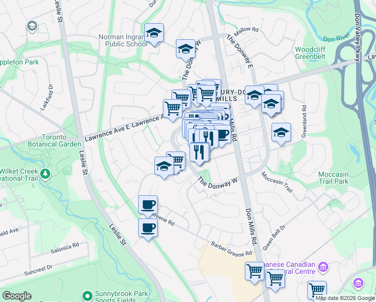 map of restaurants, bars, coffee shops, grocery stores, and more near 99 The Donway West in Toronto