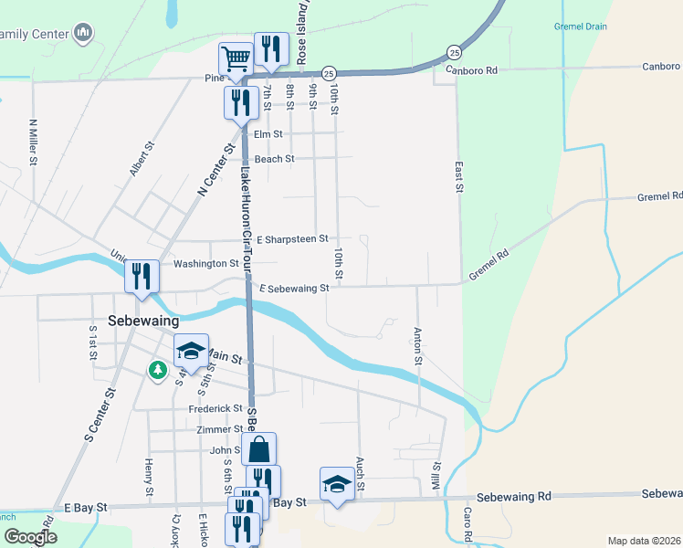 map of restaurants, bars, coffee shops, grocery stores, and more near 263 10th Street in Sebewaing