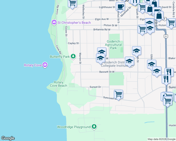 map of restaurants, bars, coffee shops, grocery stores, and more near 264 Shore Crescent in Goderich