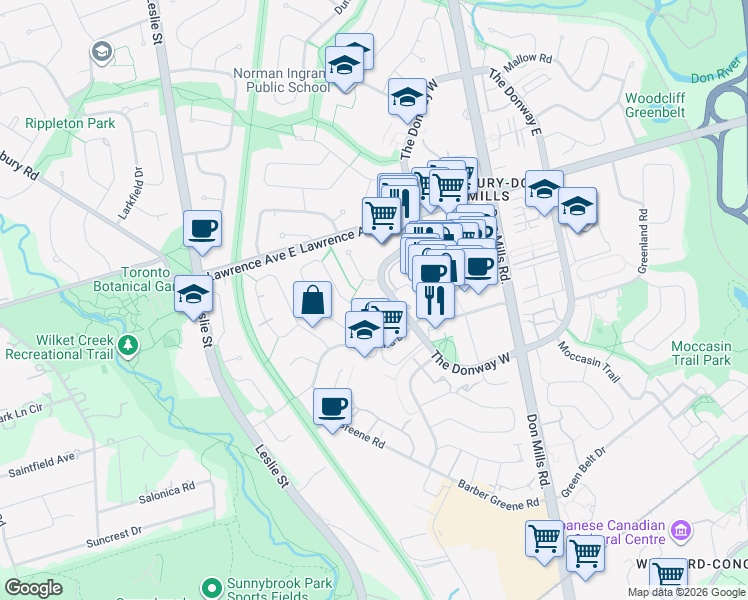 map of restaurants, bars, coffee shops, grocery stores, and more near 160 The Donway West in Toronto