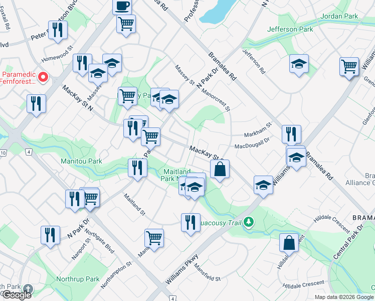 map of restaurants, bars, coffee shops, grocery stores, and more near 2 Malabar Crescent in Brampton