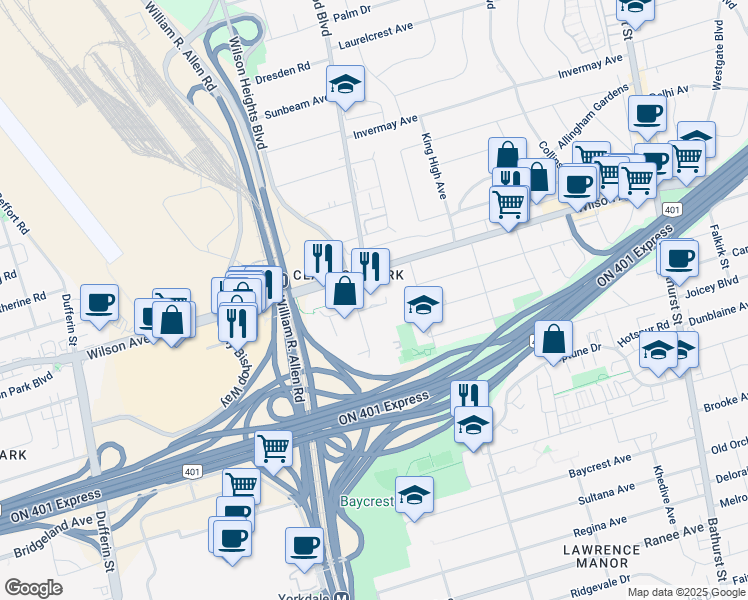 map of restaurants, bars, coffee shops, grocery stores, and more near 525 Wilson Avenue in Toronto
