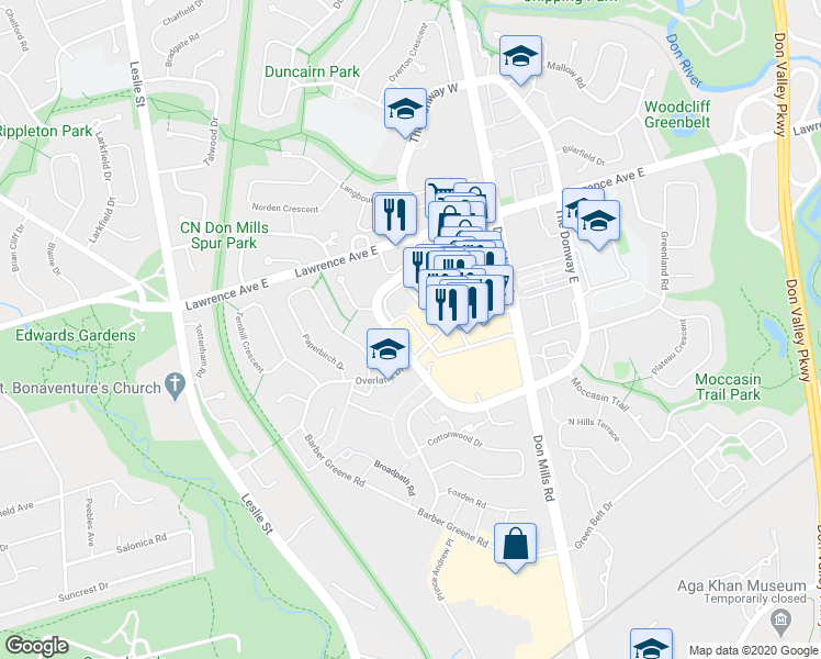 map of restaurants, bars, coffee shops, grocery stores, and more near 99 The Donway West in Toronto