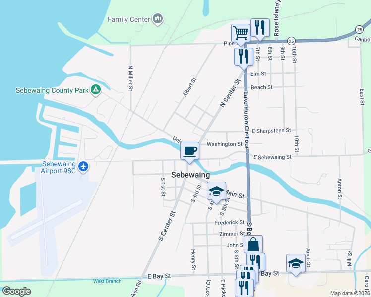 map of restaurants, bars, coffee shops, grocery stores, and more near 1-9 Union Street in Sebewaing