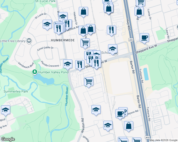 map of restaurants, bars, coffee shops, grocery stores, and more near 114 Parrotta Drive in Toronto
