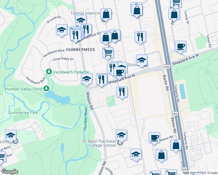 map of restaurants, bars, coffee shops, grocery stores, and more near in Toronto