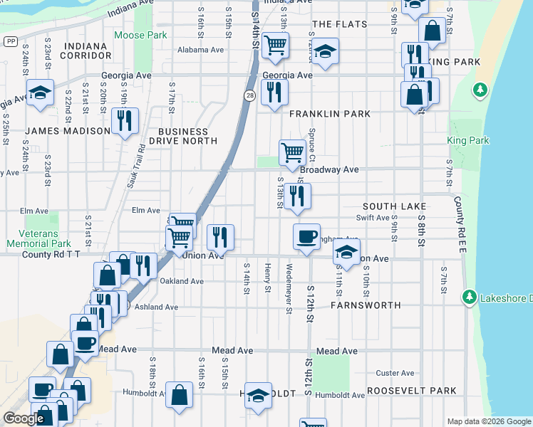 map of restaurants, bars, coffee shops, grocery stores, and more near 1813 South 14th Street in Sheboygan