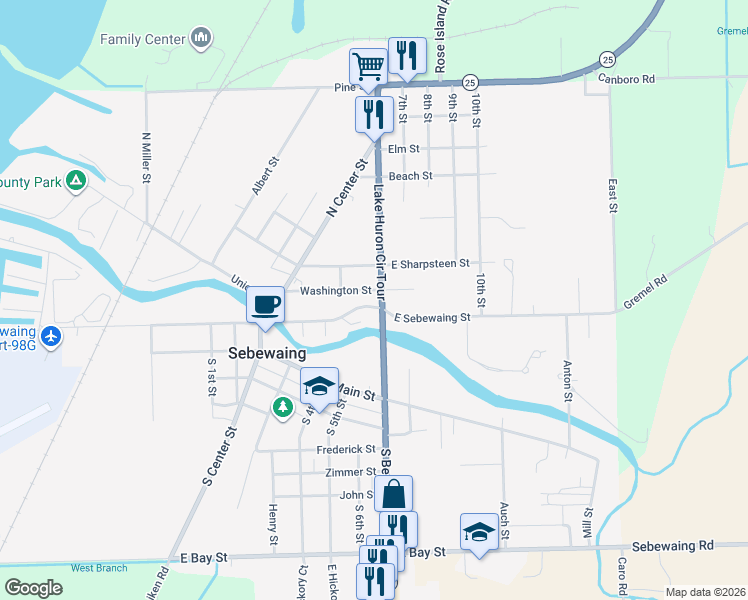 map of restaurants, bars, coffee shops, grocery stores, and more near 209 North Beck Street in Sebewaing