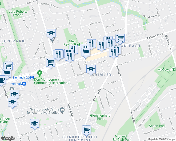 map of restaurants, bars, coffee shops, grocery stores, and more near 64 Falmouth Avenue in Toronto