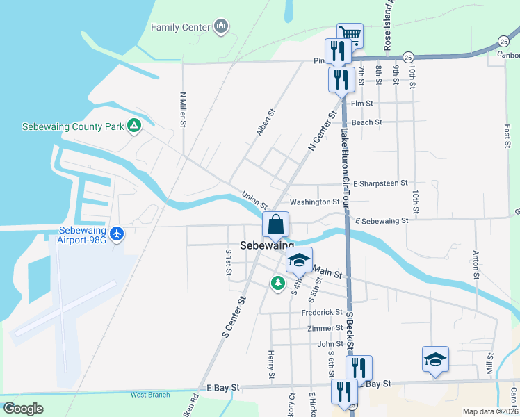 map of restaurants, bars, coffee shops, grocery stores, and more near 1-9 Union Street in Sebewaing