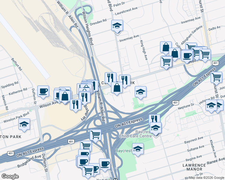 map of restaurants, bars, coffee shops, grocery stores, and more near 565 Wilson Avenue in Toronto