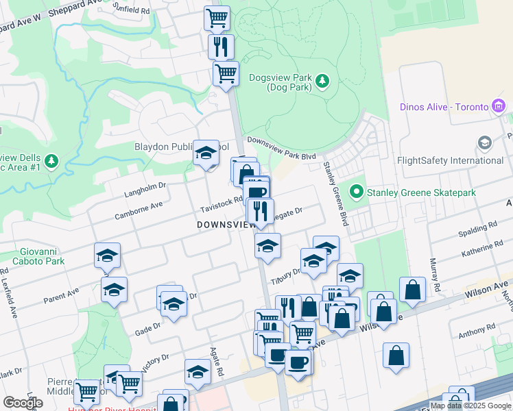 map of restaurants, bars, coffee shops, grocery stores, and more near 2891 Keele Street in Toronto