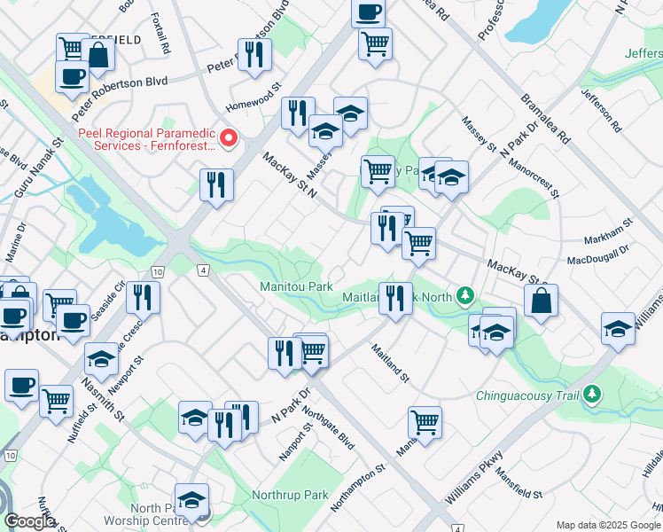 map of restaurants, bars, coffee shops, grocery stores, and more near 31 Ashton Crescent in Brampton