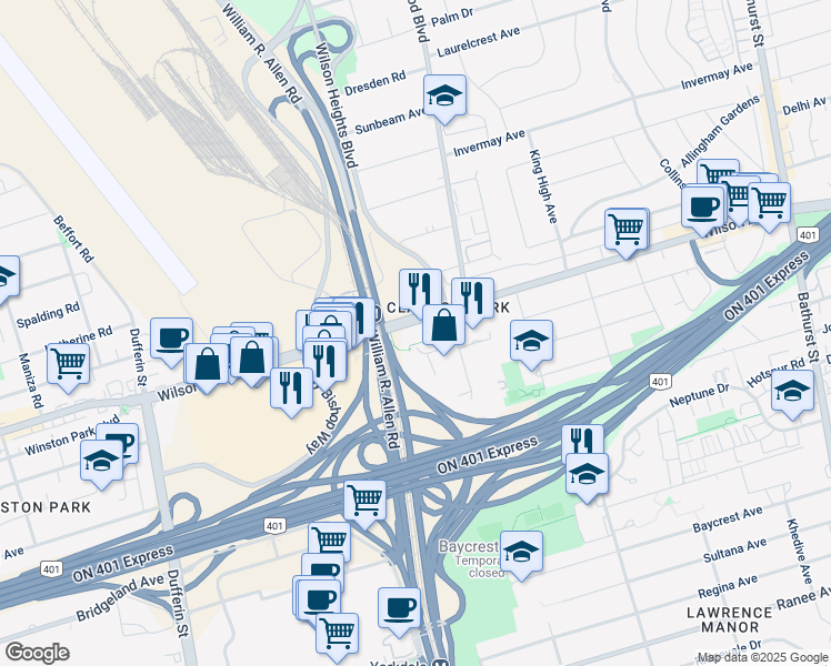 map of restaurants, bars, coffee shops, grocery stores, and more near in Toronto