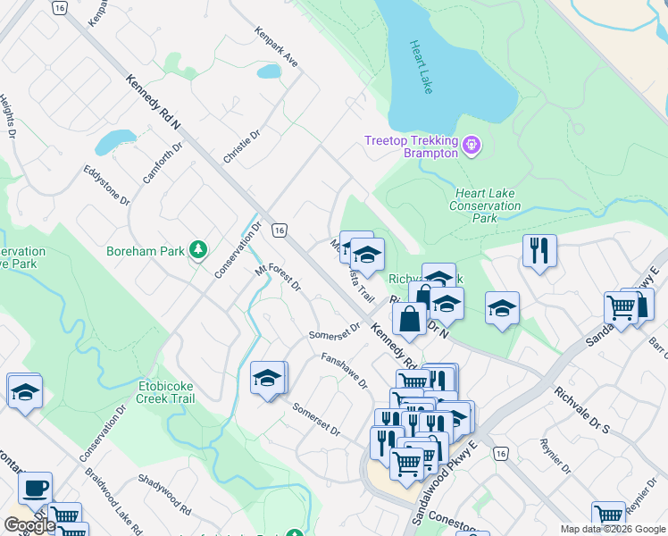 map of restaurants, bars, coffee shops, grocery stores, and more near 8 Wishart Place in Brampton