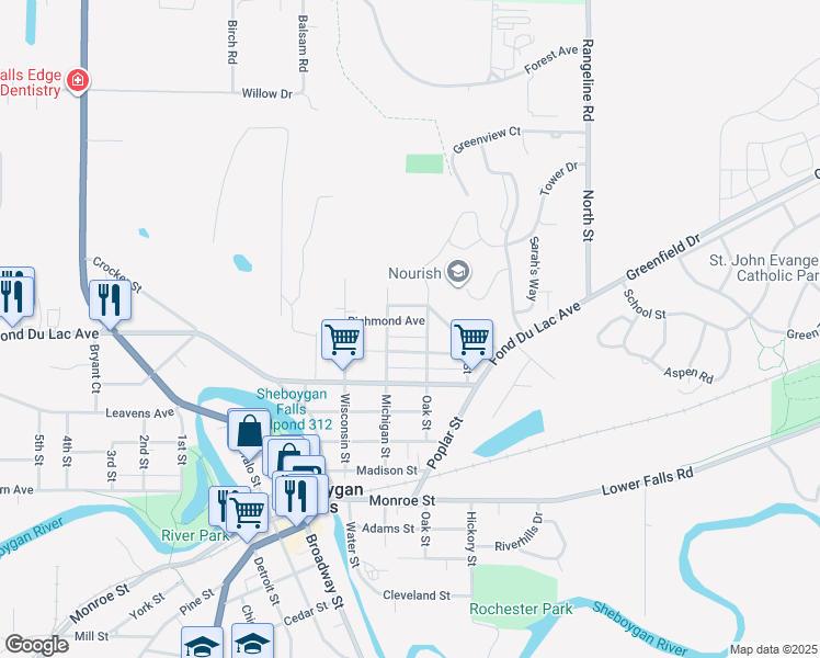 map of restaurants, bars, coffee shops, grocery stores, and more near 415 Richmond Avenue in Sheboygan Falls