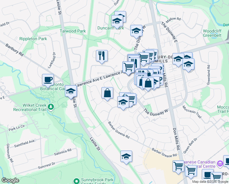 map of restaurants, bars, coffee shops, grocery stores, and more near 63 Paperbirch Drive in Toronto