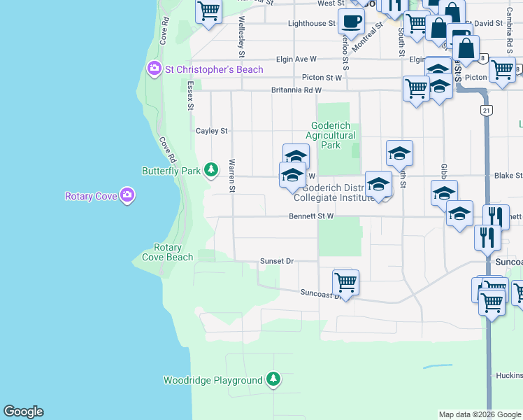 map of restaurants, bars, coffee shops, grocery stores, and more near 264 Shore Crescent in Goderich
