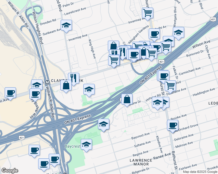 map of restaurants, bars, coffee shops, grocery stores, and more near 25 Delahaye Street in Toronto