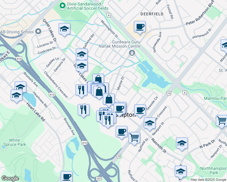map of restaurants, bars, coffee shops, grocery stores, and more near 525 Peter Robertson Boulevard in Brampton